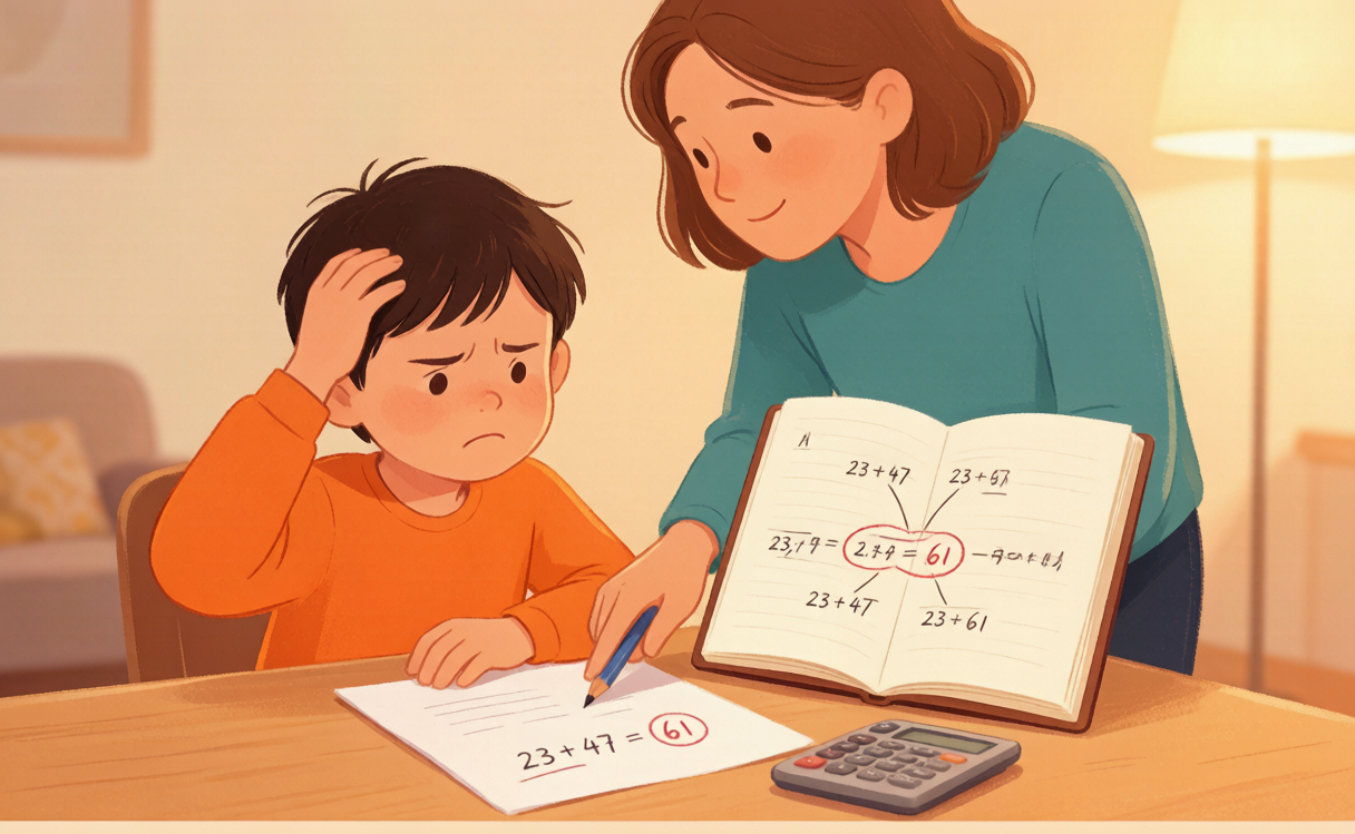 封面：孩子对着一道反复做错的题皱眉，家长用多题综合分析本帮ta圈出同类错的示意场景